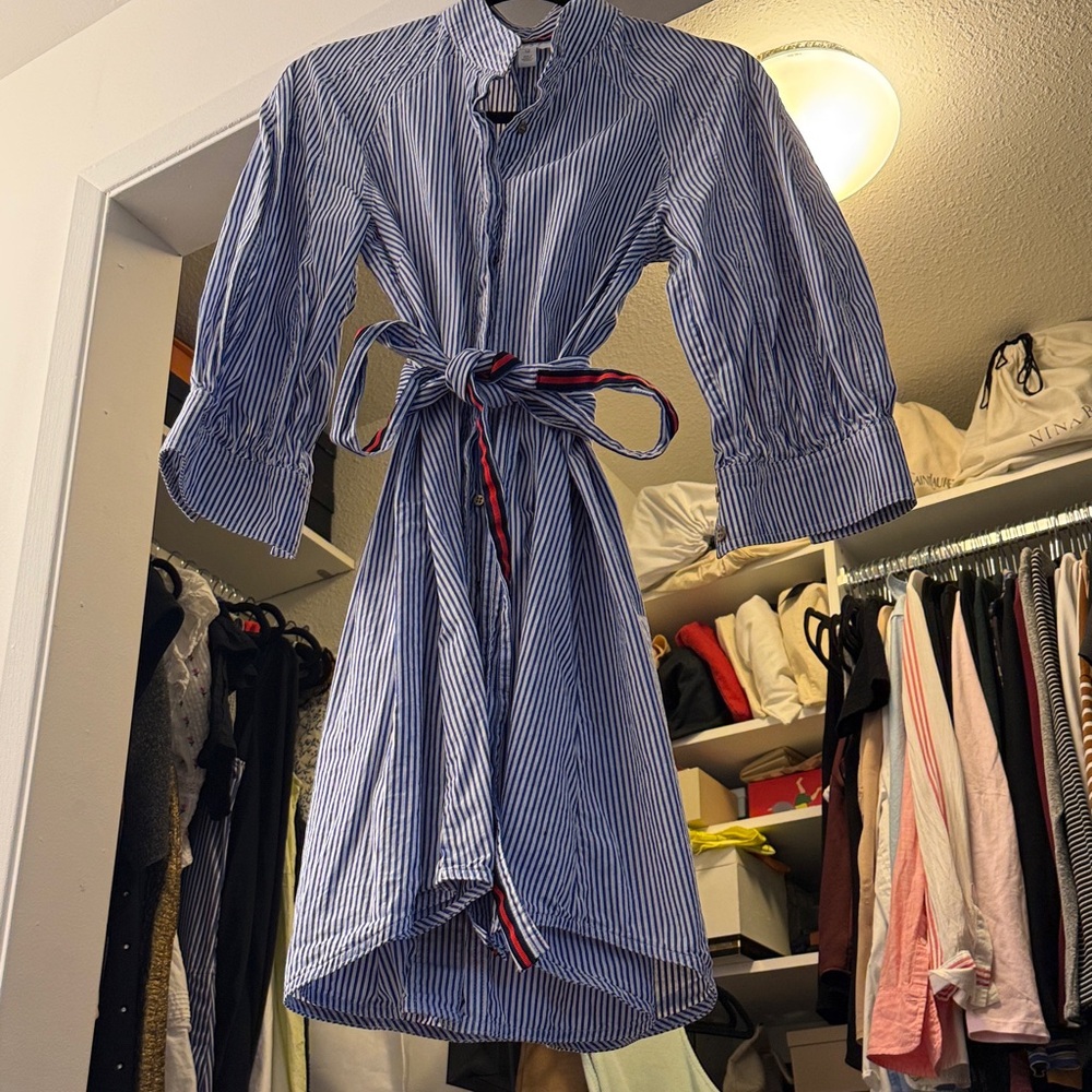 Nordstrom Blue and White Striped Tie-Waist Shirt Dress